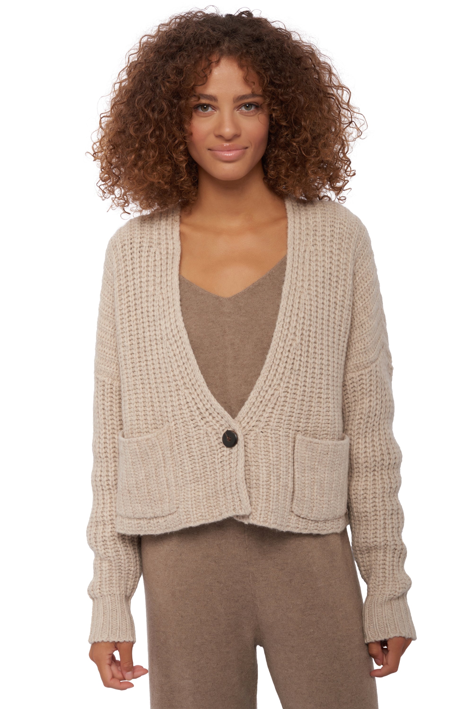 Strickjacke aus Yak, 100 % Yak, Damen, V-Ausschnitt, Knopfverschluss, Oversize-Schnitt, lange Ärmel, grob / 6 Fäden und mehr, , Mahogany