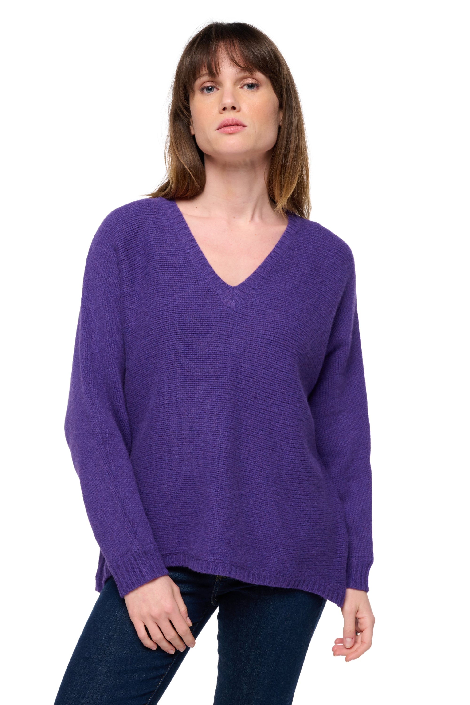 Yakpullover, 100 % Yak, Damen, V-Ausschnitt, Oversize-Schnitt, lange Ärmel, grob / 6 Fäden und mehr, , Mahogany