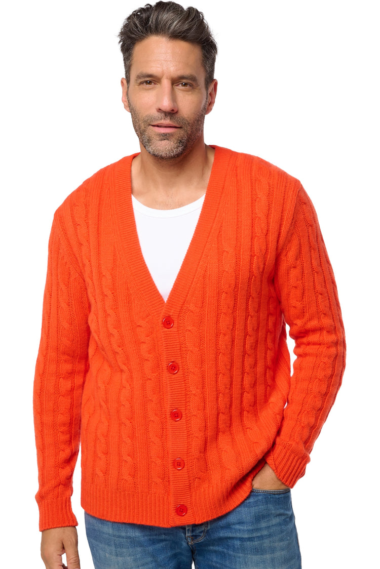 Cardigan aus Kaschmir, 100 % Kaschmir, Herren, V-Ausschnitt, Knopfverschluss, gerade Schnittform, lange Ärmel, grob / 6 Fäden und mehr, Zopfmuster, Mahogany