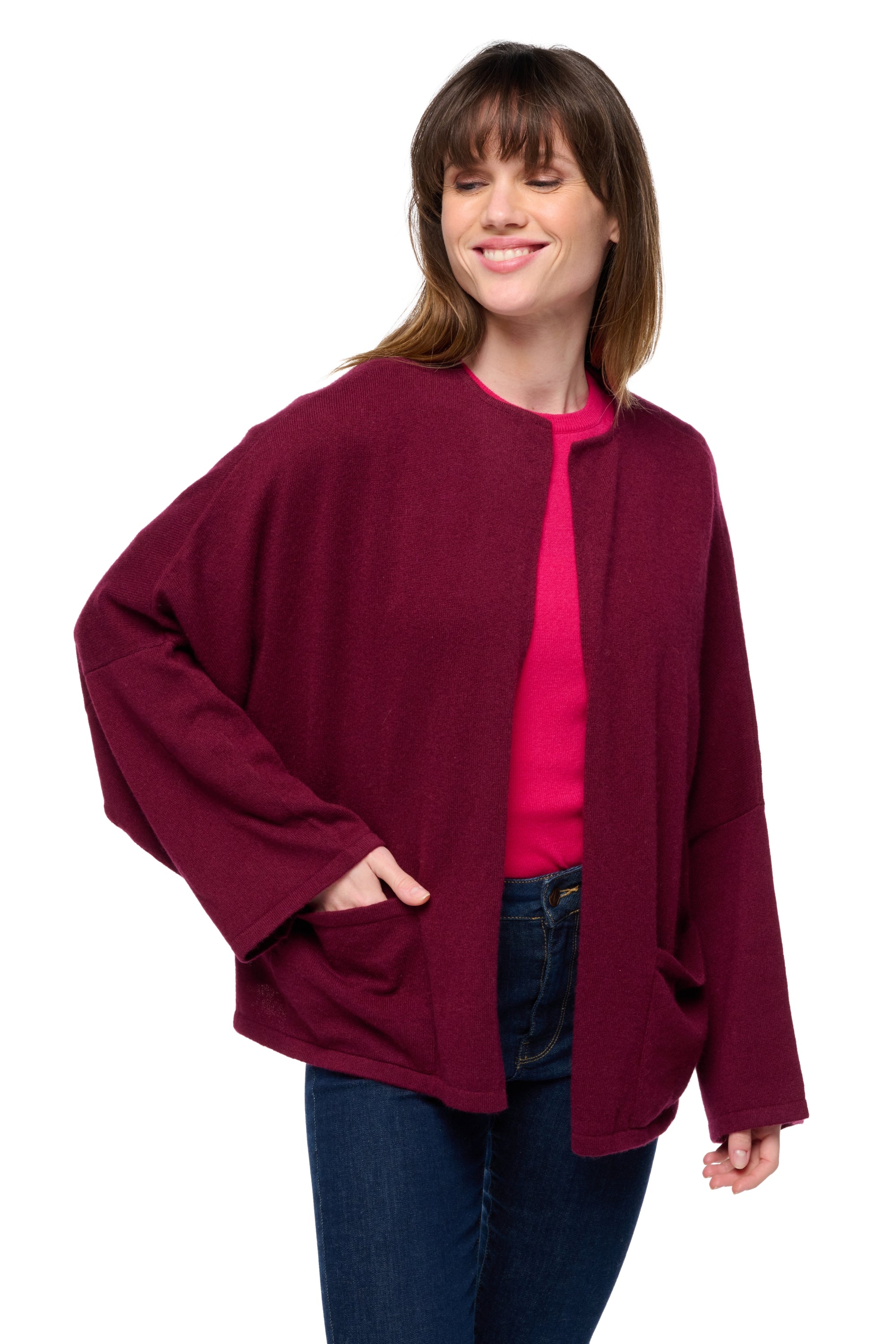 Kastrickte Weste aus Kaschmir, 100 % Kaschmir, Damen, Rundhalsausschnitt, Oversize-Schnitt, lange Ärmel, fein, , Mahogany