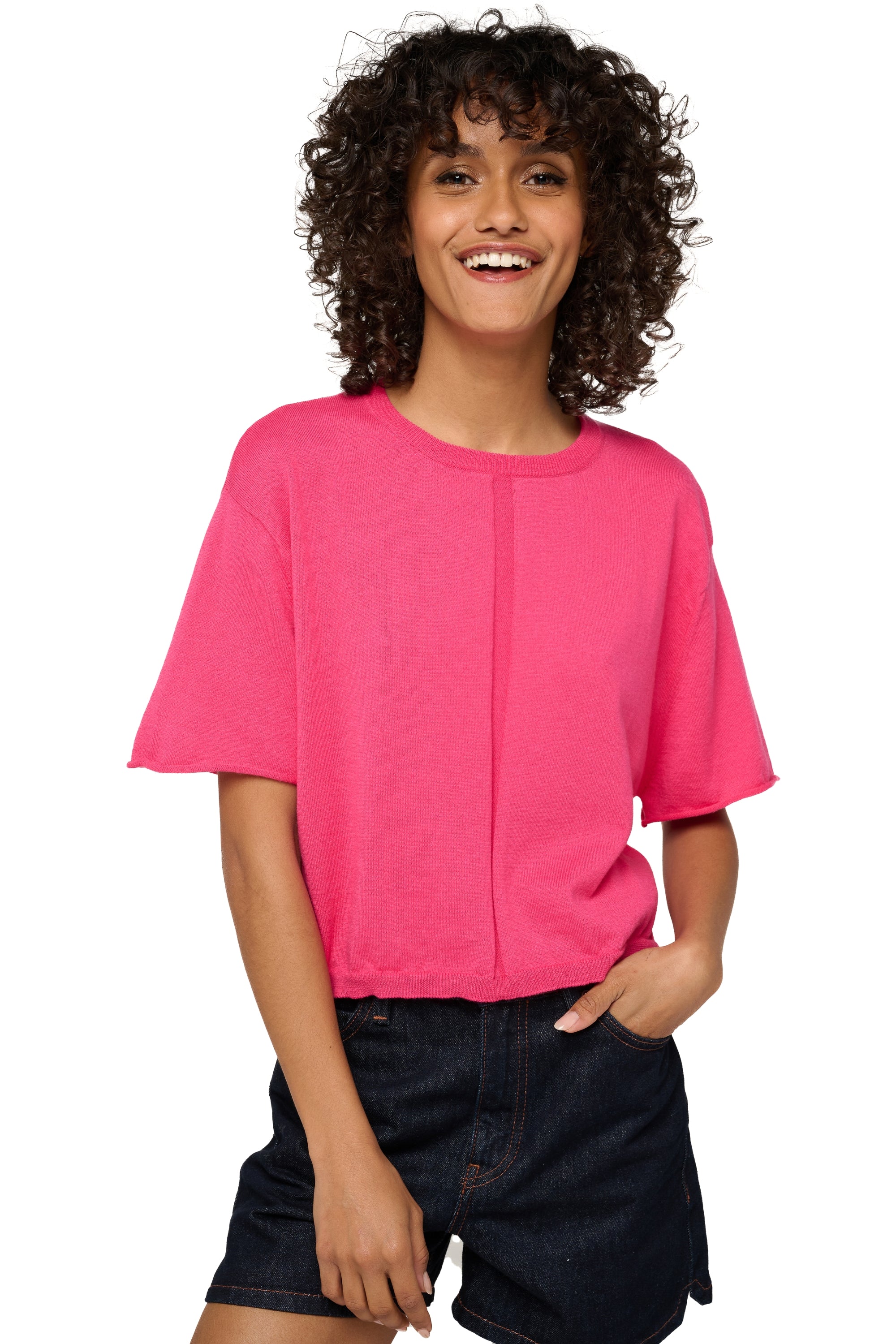 T-Shirt aus Kaschmir und Baumwolle, 85 % Baumwolle / 15 % Kaschmir, Damen, Rundhalsausschnitt, gerade Schnittform, kurze Ärmel, fein, , Mahogany