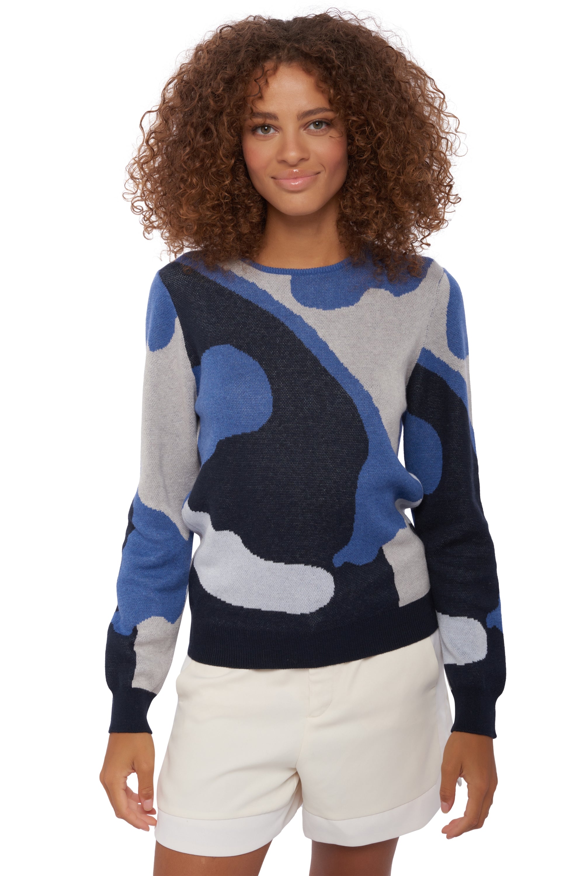 Sweatshirt aus Kaschmir und Baumwolle, 85 % Baumwolle / 15 % Kaschmir, Damen, Rundhalsausschnitt, lange Ärmel, Camouflage, Mahogany