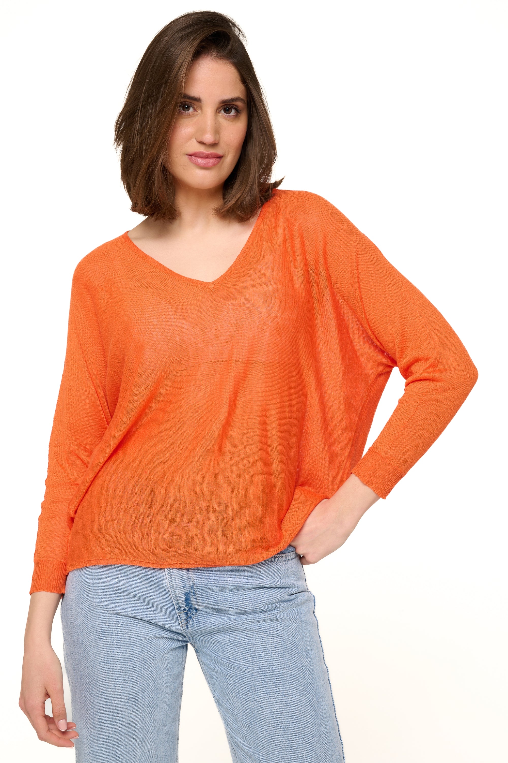 Pullover aus Leinen, 100 % Leinen, Damen, V-Ausschnitt, gerader Schnitt, lange Ärmel, fein, Mahogany
