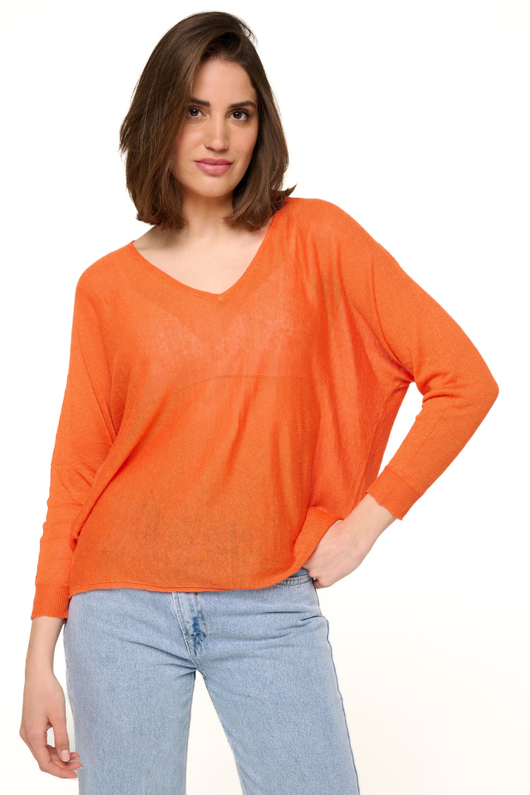 Pullover aus Leinen, 100 % Leinen, Damen, V-Ausschnitt, gerader Schnitt, lange Ärmel, fein, Mahogany