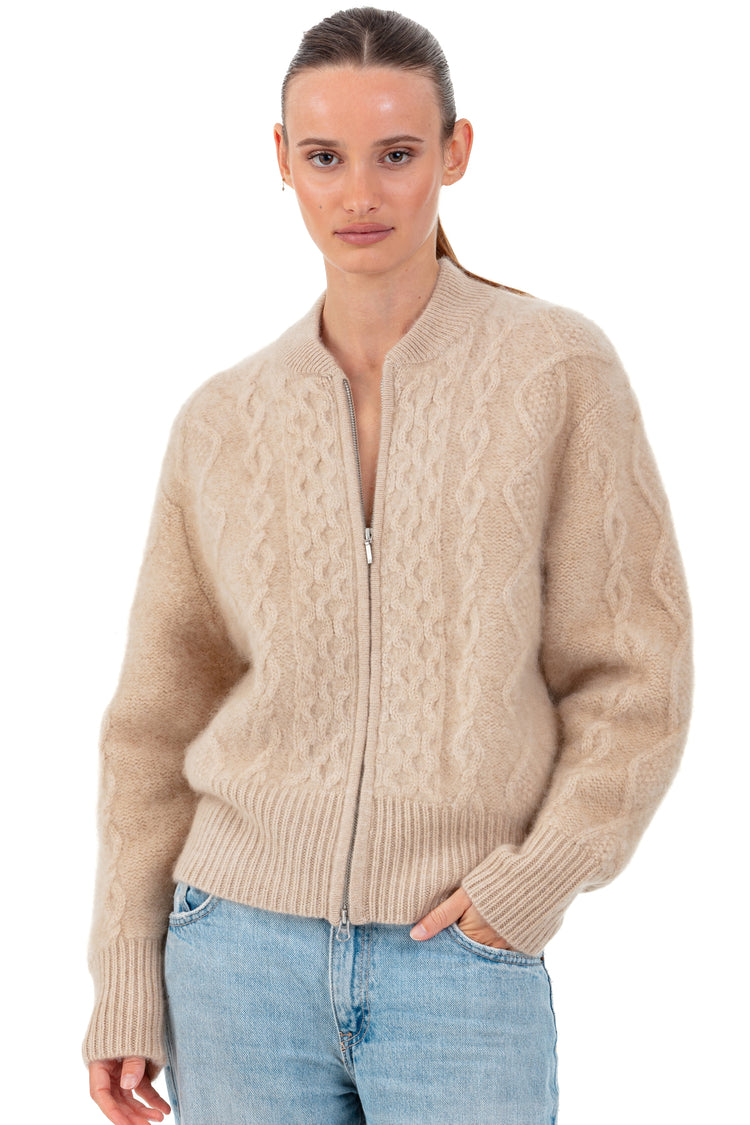 Jacke aus Cocoon-Kaschmir, 100 % gebürstetes Kaschmir, Damen, Rundhalsausschnitt, Reißverschluss, Oversize-Schnitt, lange Ärmel, grob / 6 Fäden und mehr, Zopfmuster, Mahogany