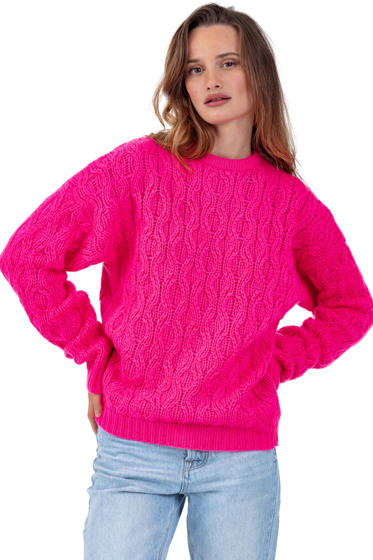 Pullover aus Kaschmir, 100 % Kaschmir, Damen, Rundhalsausschnitt, gerader Schnitt, lange Ärmel, grob / 6 Fäden und mehr, Zopfmuster, Mahogany