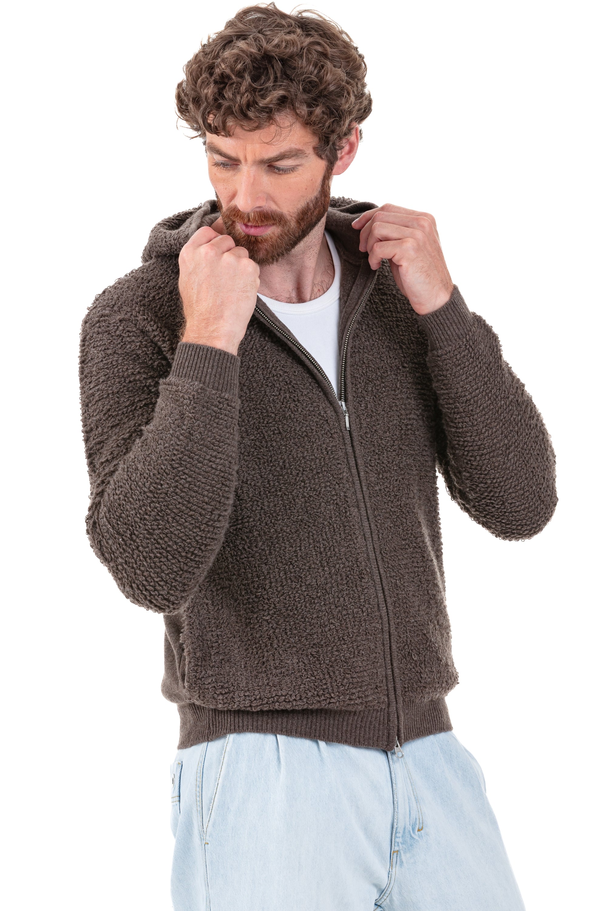 Kaschmirstrickjacke, 100 % Kaschmir, Herren, Kapuze, Reißverschluss, gerade Schnittform, lange Ärmel, grob / 6 Fäden und mehr, , Mahogany