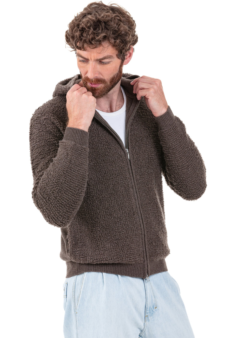 Kaschmirstrickjacke, 100 % Kaschmir, Herren, Kapuze, Reißverschluss, gerade Schnittform, lange Ärmel, grob / 6 Fäden und mehr, , Mahogany