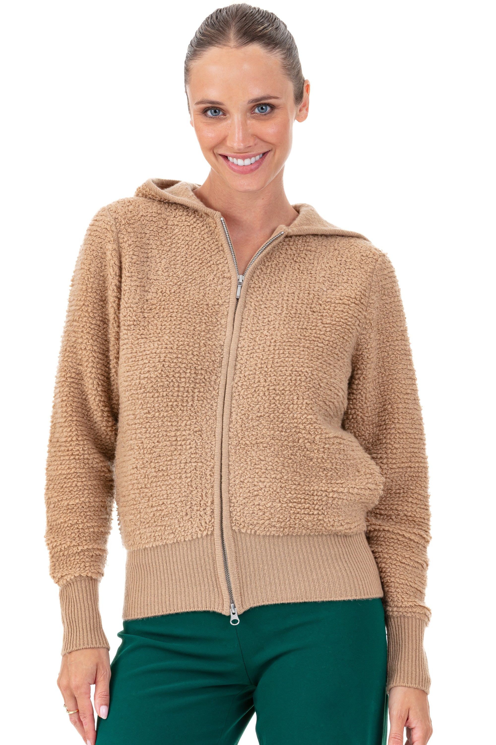 Strickjacke aus Kaschmir, 100 % Kaschmir, Damen, Kapuze, Reißverschluss, gerader Schnitt, lange Ärmel, grob / 6 Fäden und mehr, , Mahogany