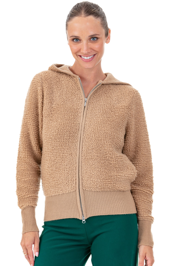Strickjacke aus Kaschmir, 100 % Kaschmir, Damen, Kapuze, Reißverschluss, gerader Schnitt, lange Ärmel, grob / 6 Fäden und mehr, , Mahogany