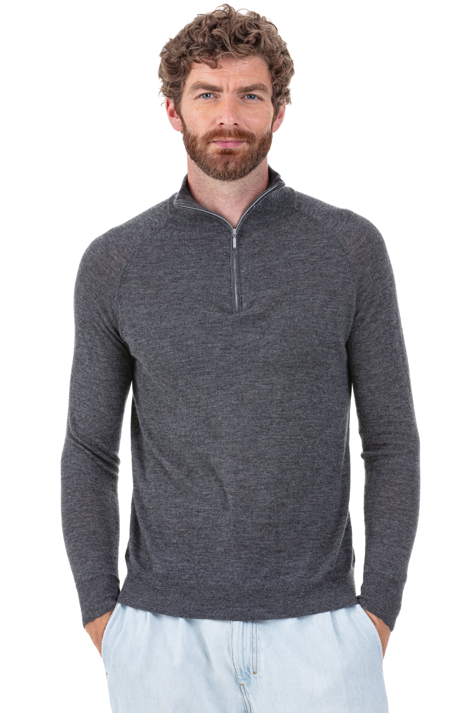 Pullover aus Kaschmirduvet, 100 % Kaschmirduvet, Herren, Truckerkragen, Reißverschluss, gerader Schnitt, lange Ärmel, fein, , Mahogany