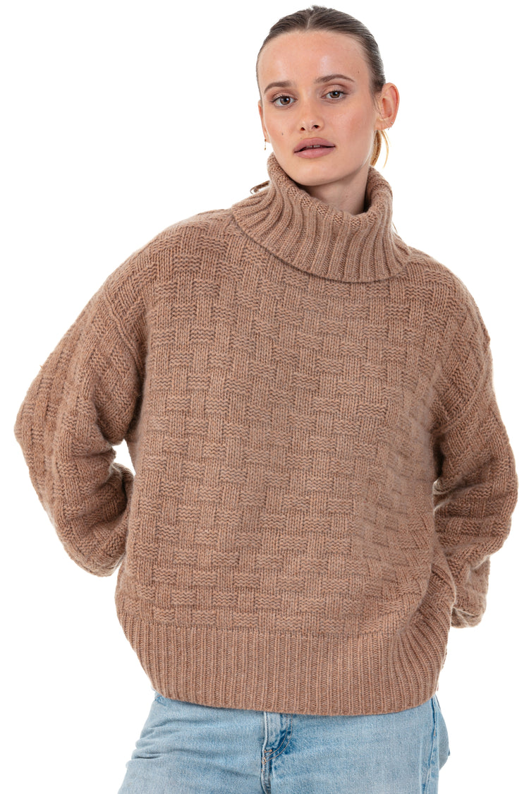 Pullover aus Kaschmir, 100 % Kaschmir, Damen, Rollkragen, Oversize-Schnitt, lange Ärmel, grafisch, grob / 6 Fäden und mehr, Zopfmuster, Mahogany