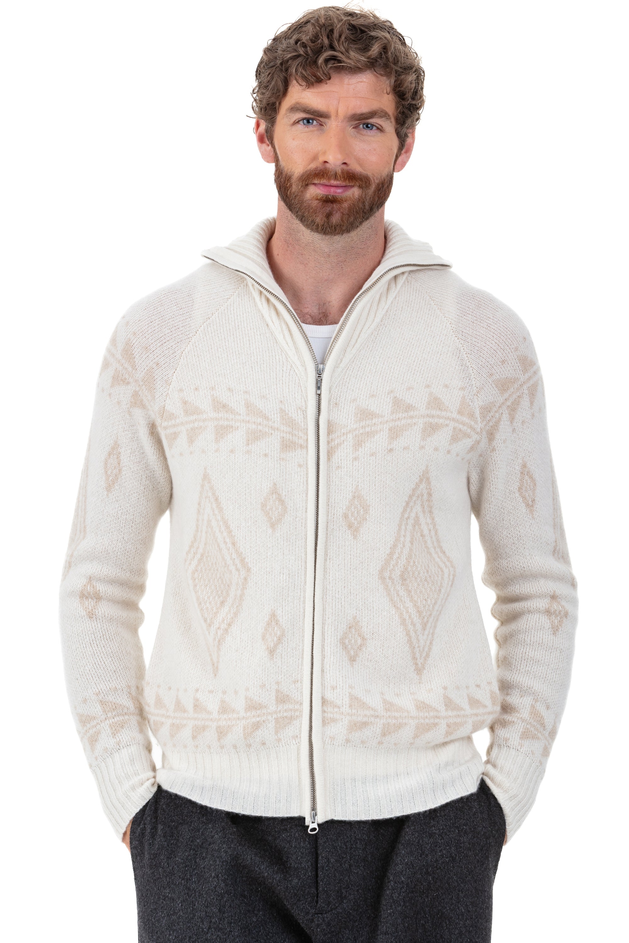 Cardigan aus Kaschmir, 100 % Kaschmir, Herren, Truckerkragen, Reißverschluss, gerader Schnitt, lange Ärmel, grafisch, normal / 2 und 4 Fäden, Jacquard, Mahogany