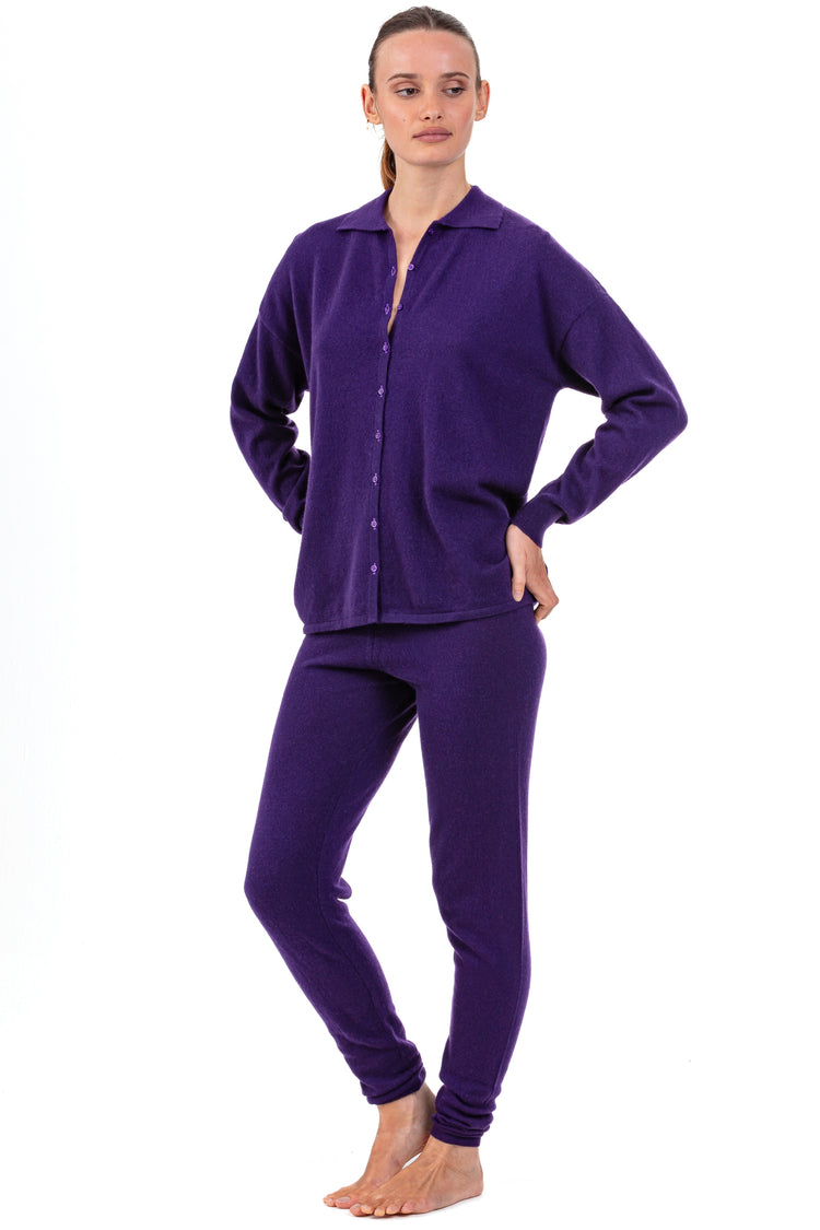 Pyjama aus Kaschmir, 100 % Kaschmir, Damen, Polokragen, Knopfverschluss, weiter Schnitt, lange Ärmel, normal / 2 und 4 Fäden, normales Strickwerk, Mahogany