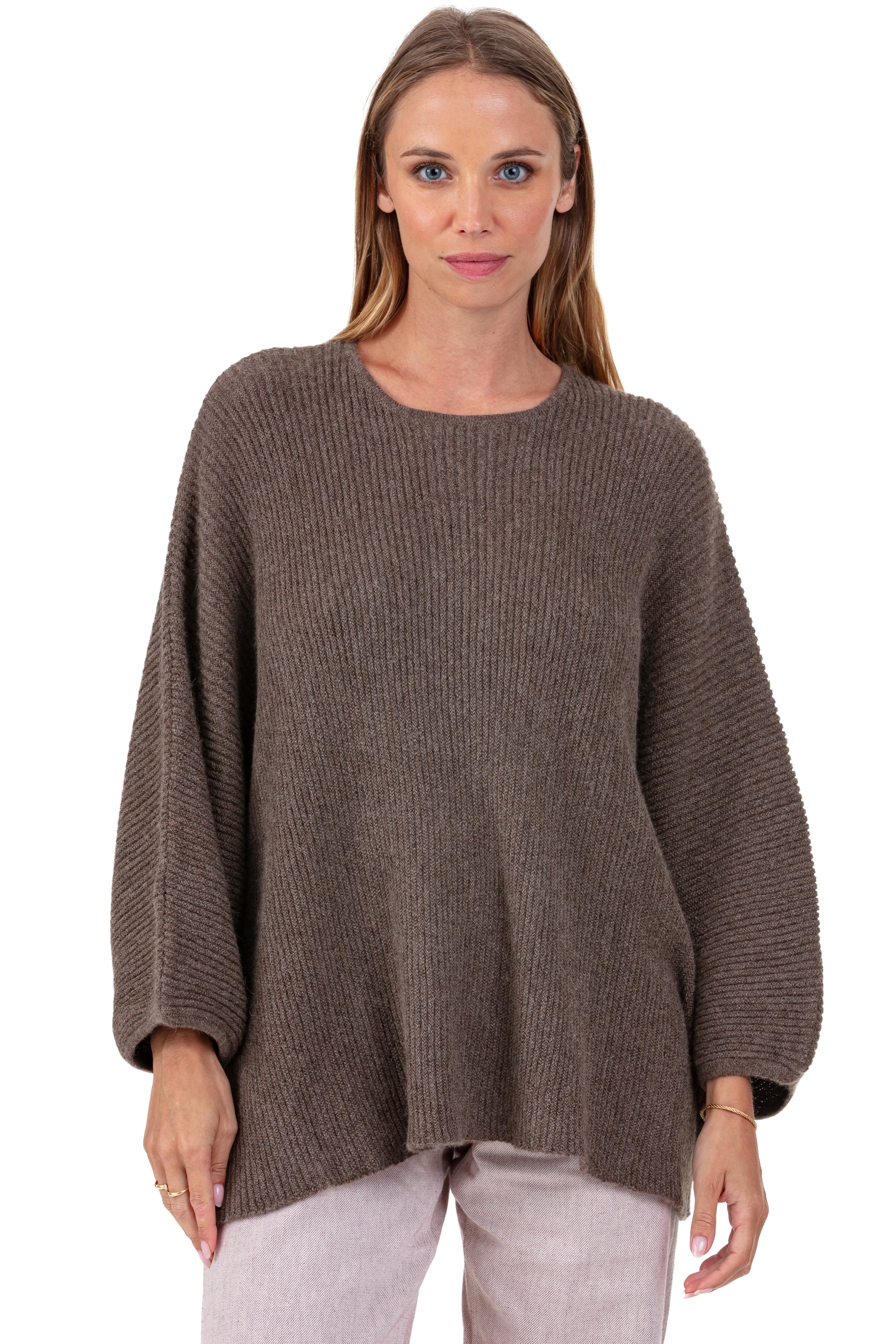 Pullover aus Baby-Alpaka, 100 % Baby-Alpaka, Damen, Rundhalsausschnitt, Oversize-Schnitt, Dreiviertellärmel, normal / 2 und 4 Fäden, gerippt, Mahogany