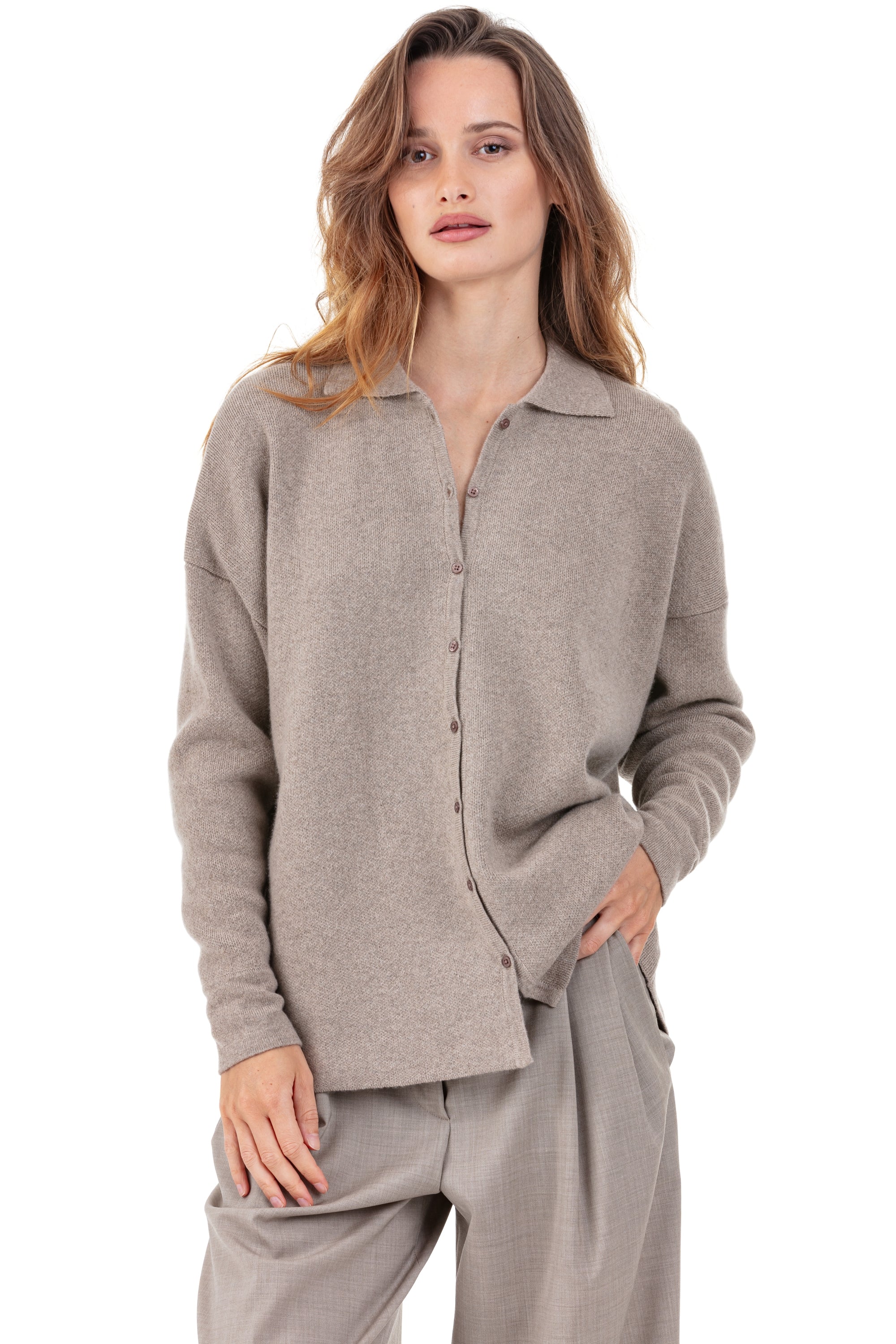 Cardigan aus Kaschmir, 100 % Kaschmir, Damen, Polokragen, Knopfverschluss, Oversize-Schnitt, lange Ärmel, normal / 2 und 4 Fäden, Milano, Mahogany