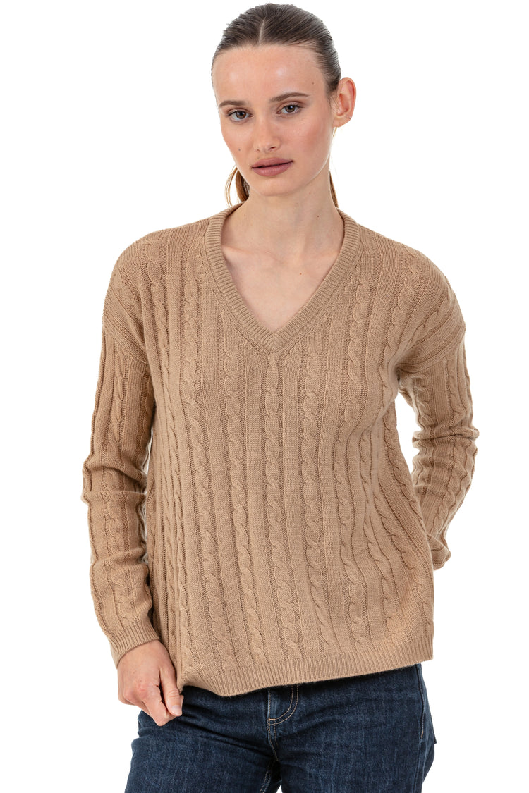 Pullover aus Kaschmir, 100 % Kaschmir, Damen, V-Ausschnitt, gerade Schnittform, lange Ärmel, fein, Zopfmuster, Mahogany