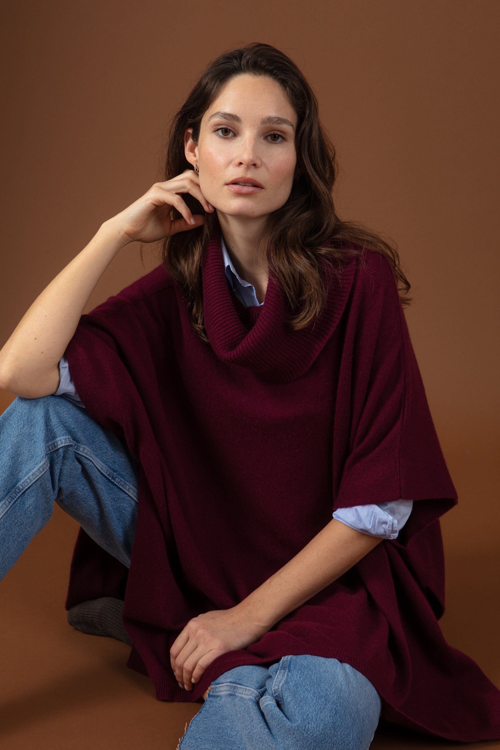 Pullover aus Kaschmir, 100 % Kaschmir, Damen, Rollkragen, Oversize-Schnitt, Dreiviertellärmel, fein, , Mahogany
