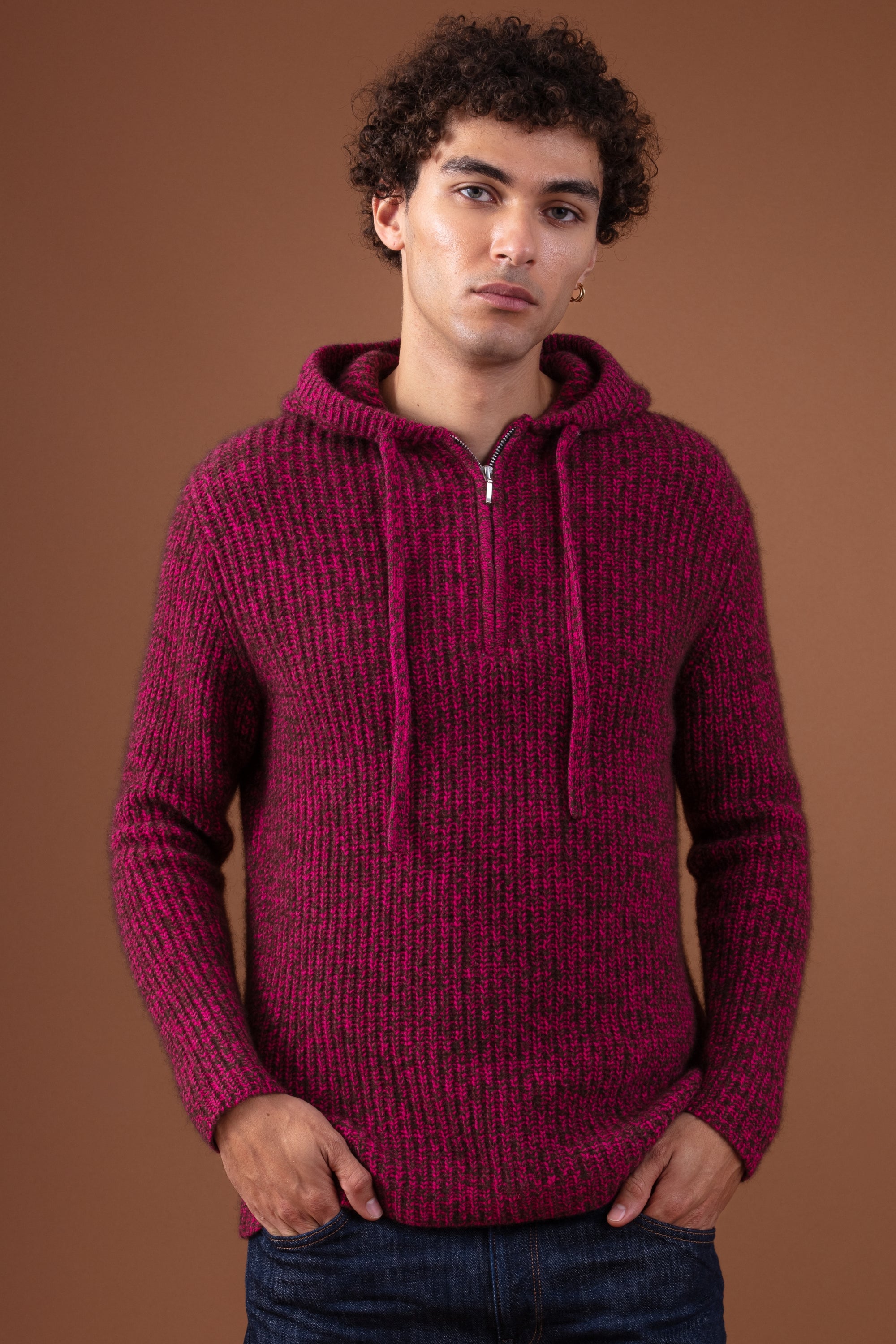 Pullover aus Yak, 100 % Yak, Herren, Kapuze, Reißverschluss, gerader Schnitt, lange Ärmel, grob / 6 Fäden und mehr, Mahogany