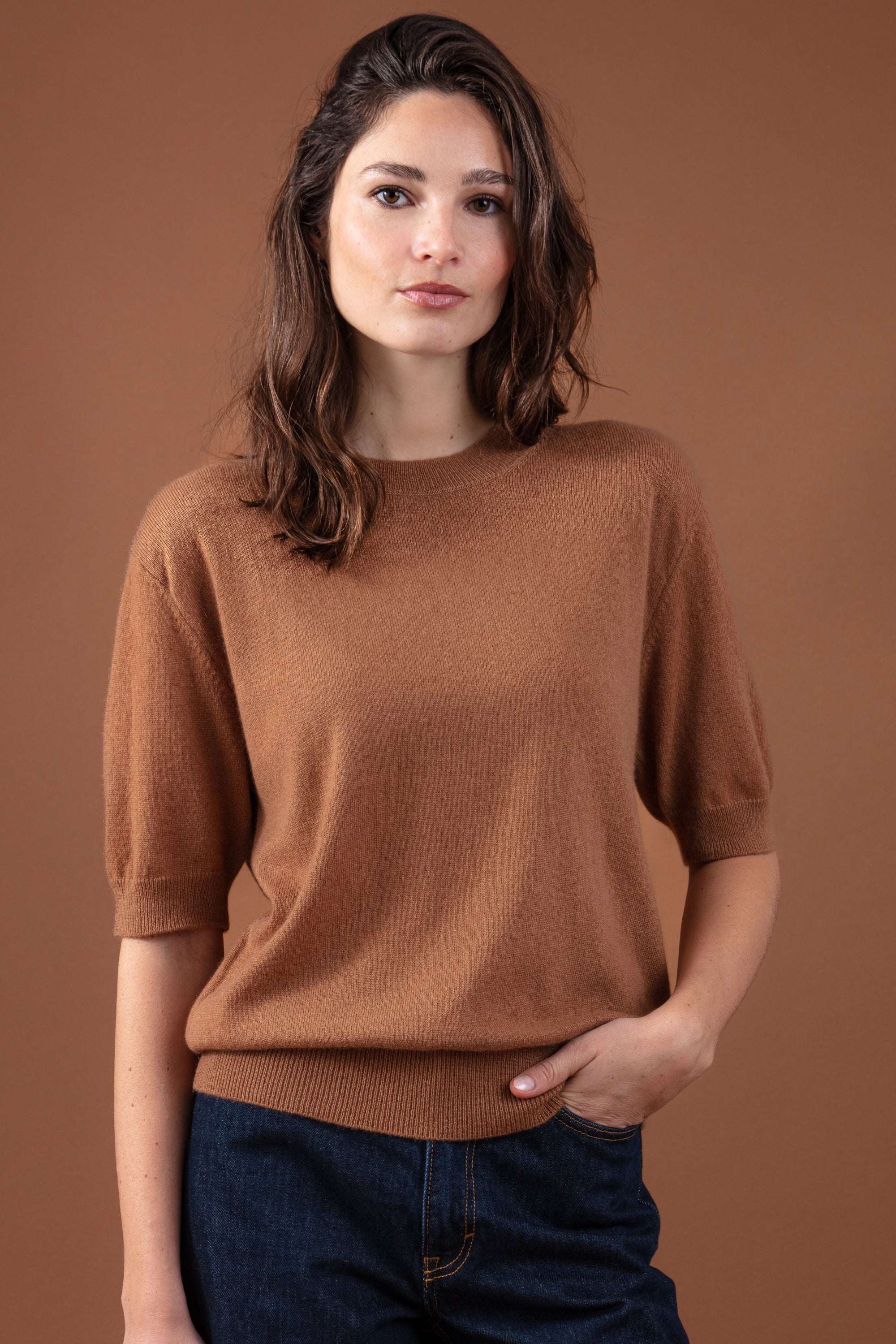 Kaschmirpullover, 100 % Kaschmir, Damen, Rundhalsausschnitt, gerader Schnitt, kurze Ärmel, fein, Mahogany