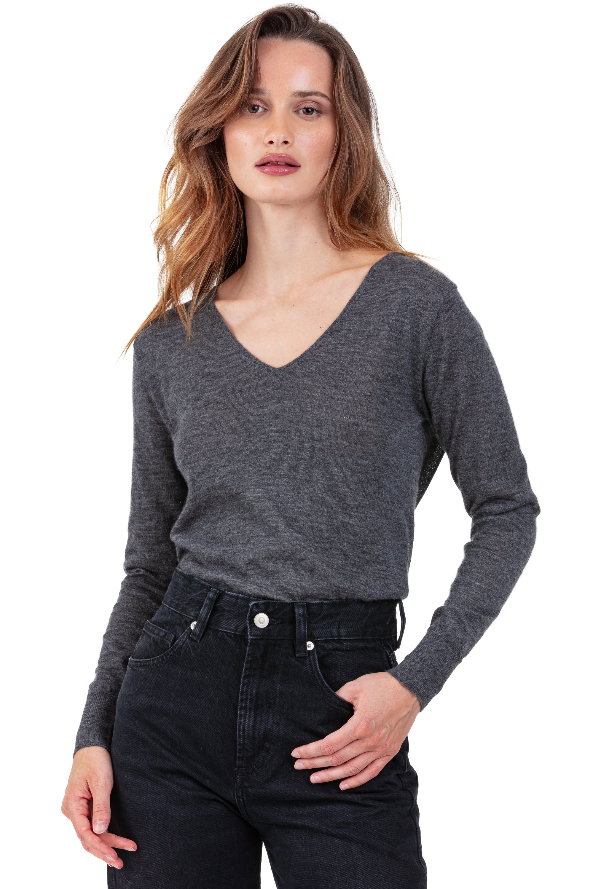 Pullover aus Kaschmirduvet, 100 % Kaschmirduvet, Damen, V-Ausschnitt, gerade Schnittform, lange Ärmel, fein, normales Strickwerk, Mahogany