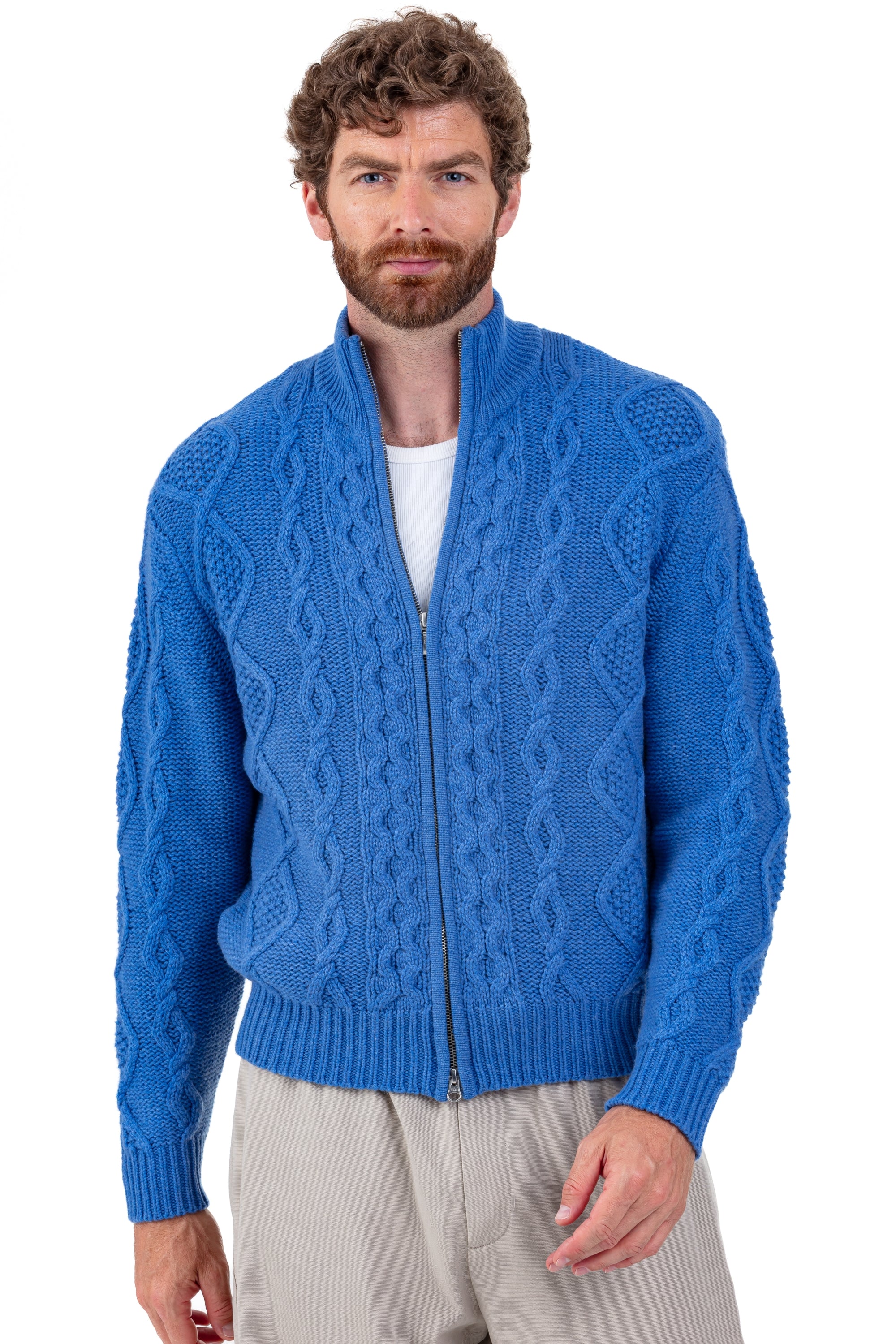 Jacke aus Kaschmir, 100 % Kaschmir, Herren, Stehkragen / Schornsteinkragen, Reißverschluss, gerader Schnitt, lange Ärmel, grob / 6 Fäden und mehr, Zopfmuster, Mahogany