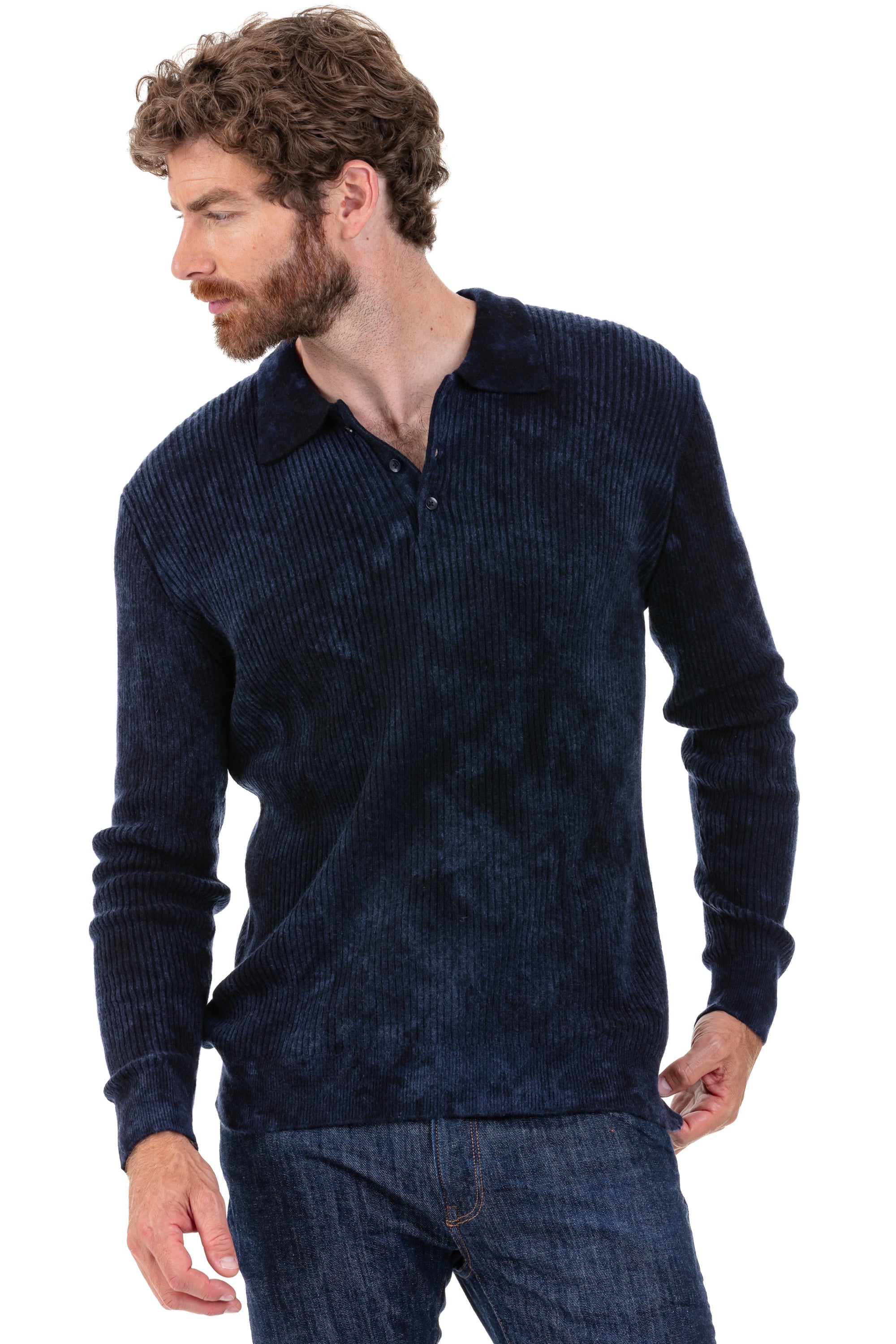 Polo aus Kaschmir, 100 % Kaschmir, Herren, Polokragen, Knopfleiste, gerader Schnitt, lange Ärmel, Camouflage, normal / 2 und 4 Fäden, normales Strickwerk, Mahogany