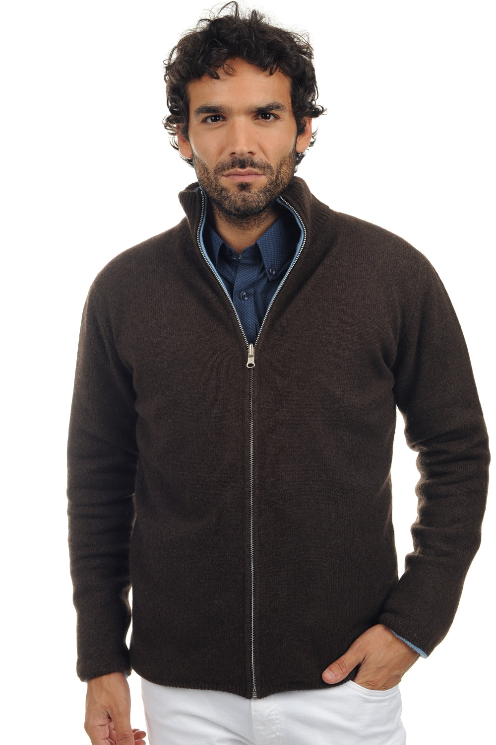 Vincent Kaschmir- und Yakpullover Herren - naturbraun-blau azur meliert - Mahogany