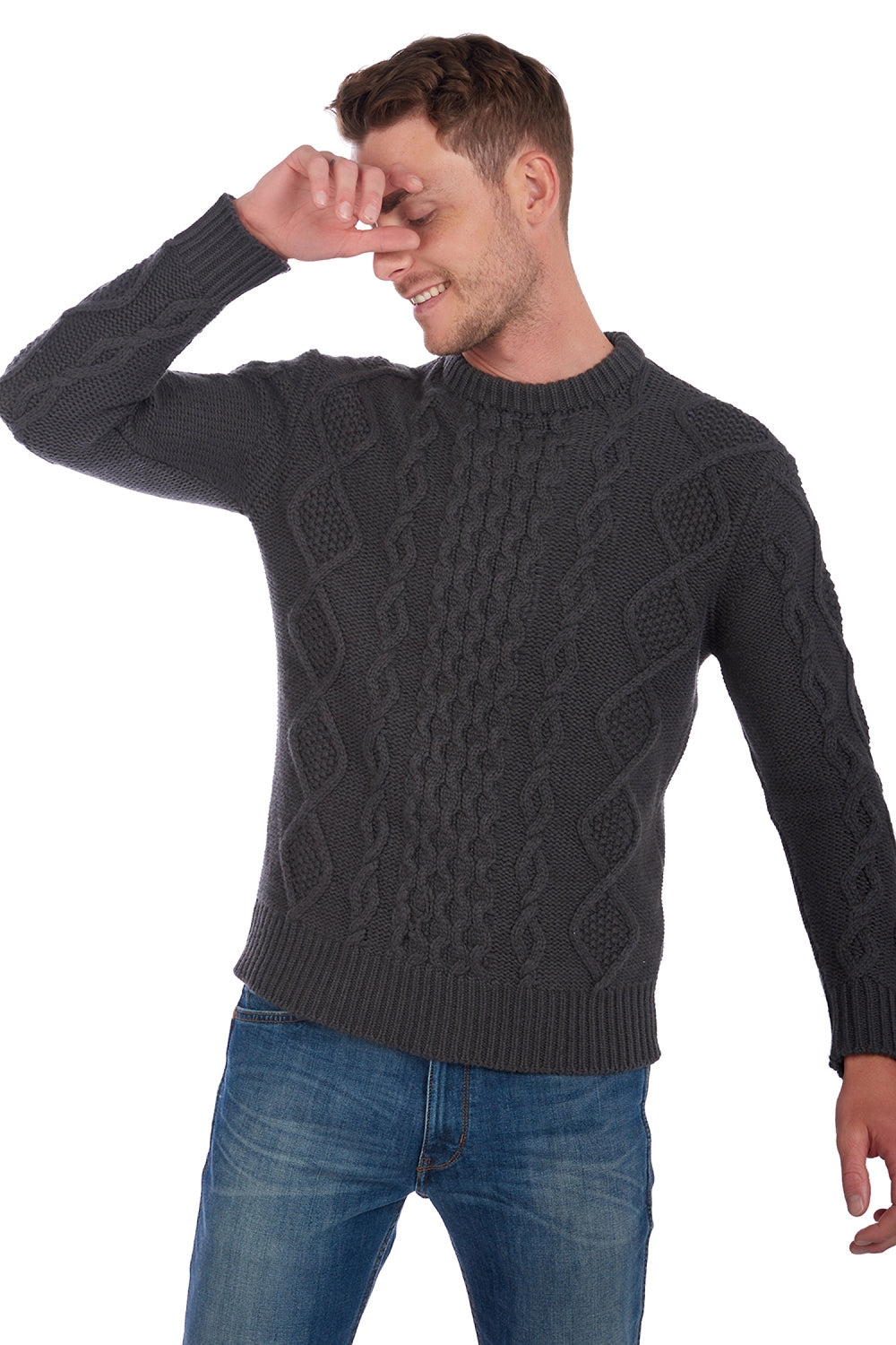 Pullover aus Kaschmir, 100 % Kaschmir, Herren, Rundhalsausschnitt, gerader Schnitt, lange Ärmel, grob / 6 Fäden und mehr, Zopfmuster, Mahogany