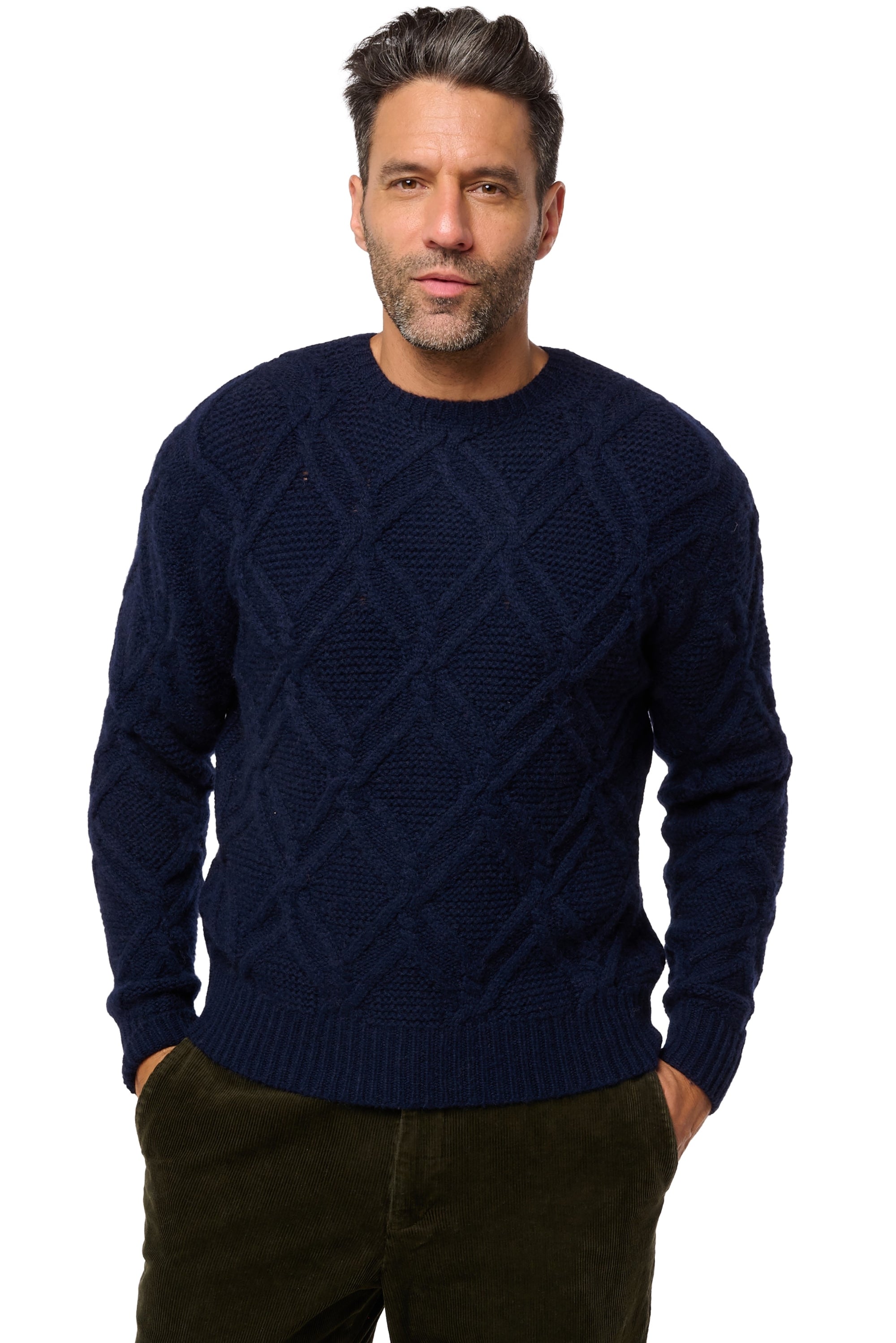 Pullover aus Kamelhaar, 100 % Kamelhaar, Herren, Rundhalsausschnitt, gerade Passform, lange Ärmel, grob / 6 Fäden und mehr, Zopfmuster, Mahogany