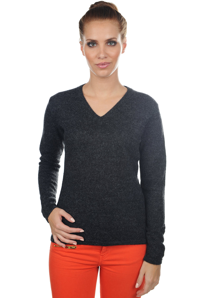 Pullover aus Baby-Alpaka, 100 % Baby-Alpaka, Damen, V-Ausschnitt, gerade Schnittform, lange Ärmel, normal / 2 und 4 Fäden, normales Strickwerk, Mahogany