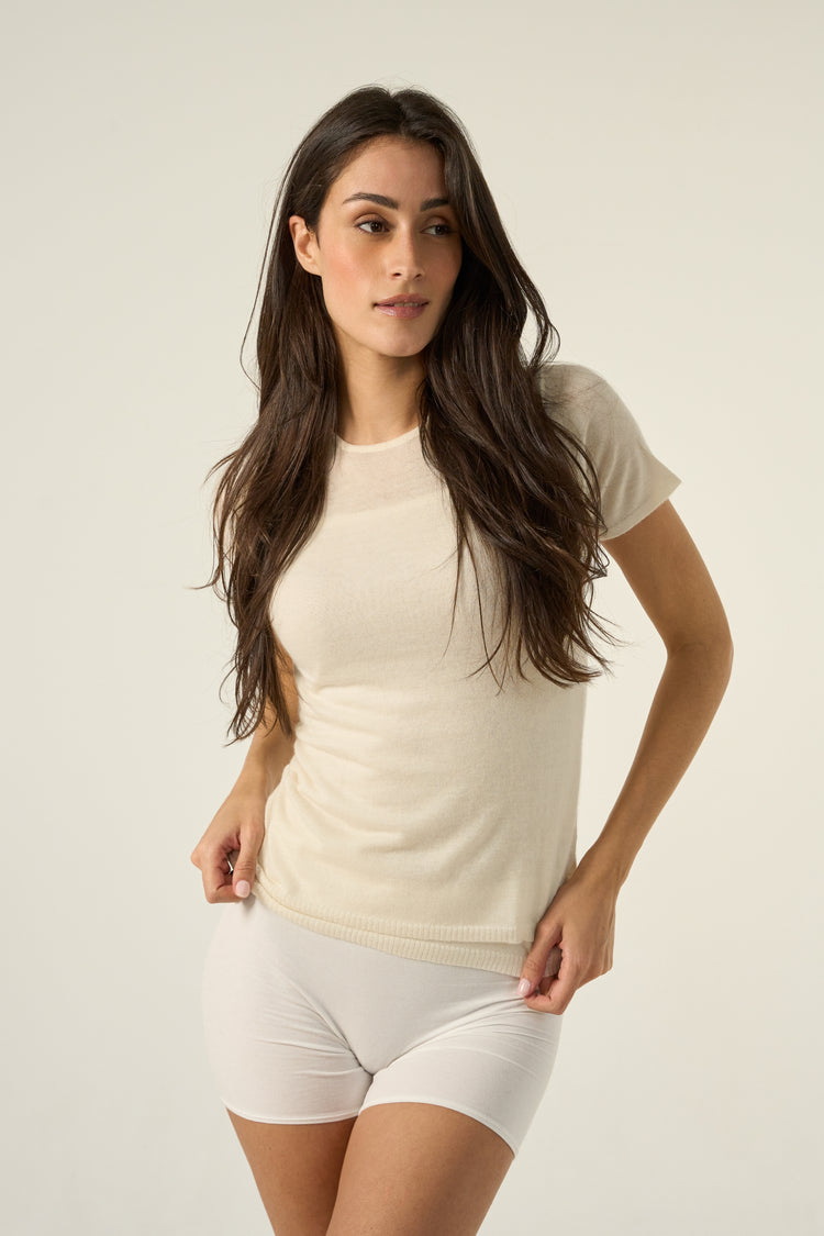 T-Shirt aus Kaschmirduvet, 100 % Kaschmirduvet, Damen, Rundhalsausschnitt, gerader Schnitt, kurze Ärmel, fein, , Mahogany