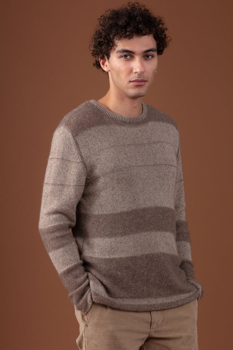 Kaschmirpullover, 100 % Kaschmir, Herren, Rundhalsausschnitt, Oversize-Schnitt, lange Ärmel, Streifen, grob / 6 Fäden und mehr, Mahogany
