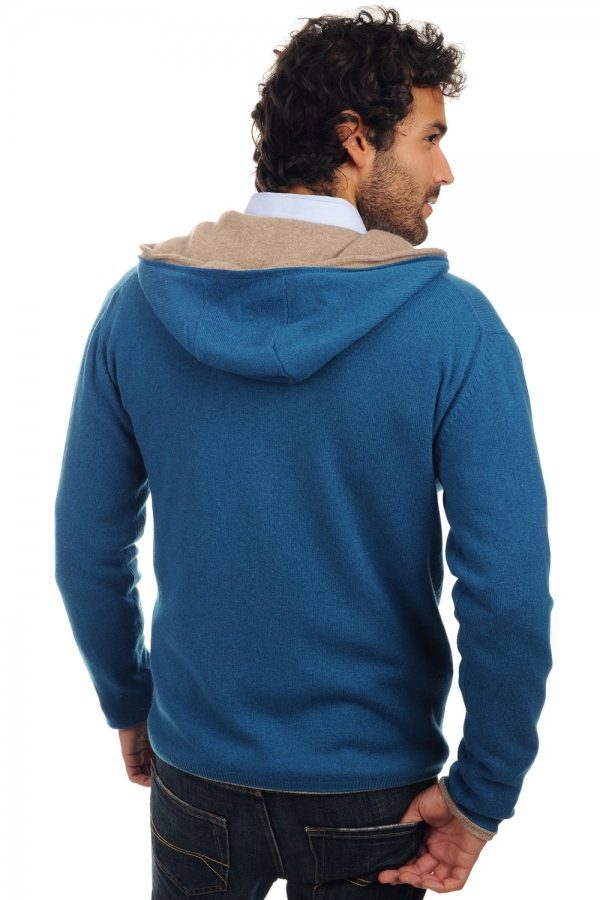 Cashmere kaschmir pullover herren zip kapuze carson leuchtendes blau natural brown 2xl