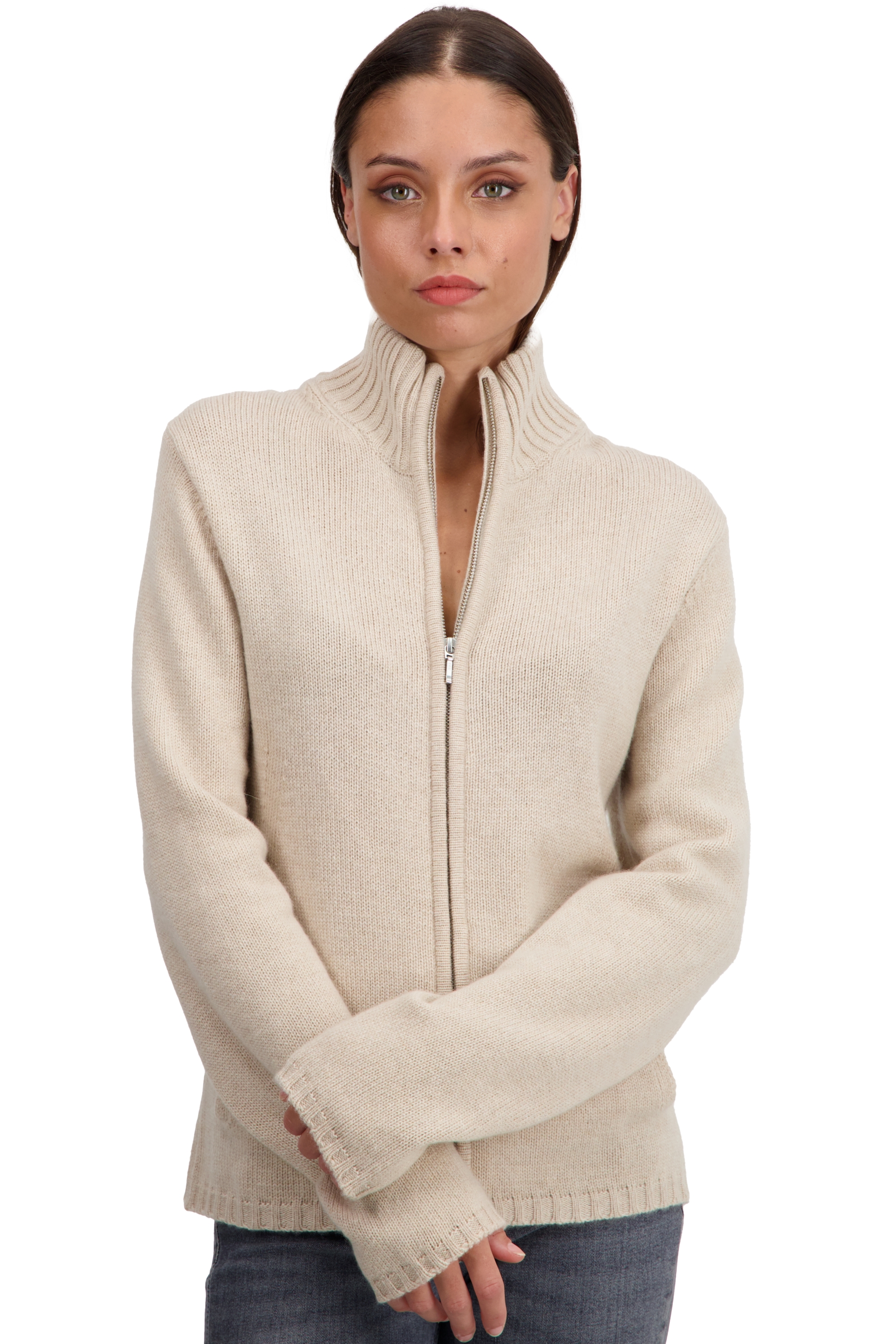 Cashmere kaschmir pullover damen zip kapuze elodie natural beige 2xl