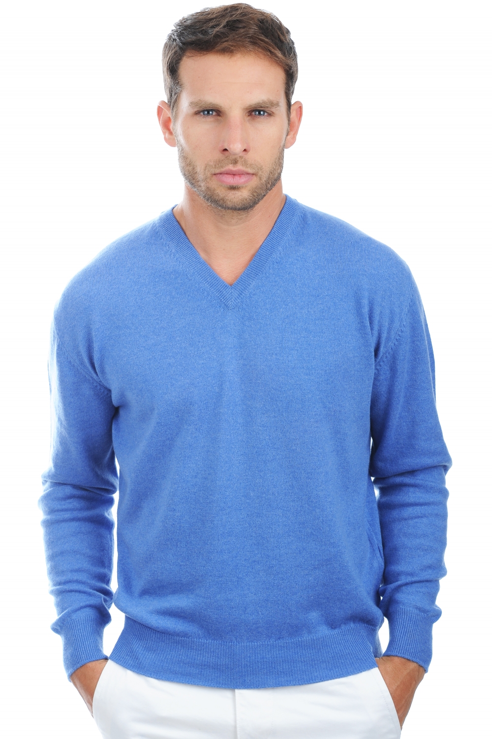 Cashmere kaschmir pullover herren v ausschnitt gaspard blau meliert 2xl