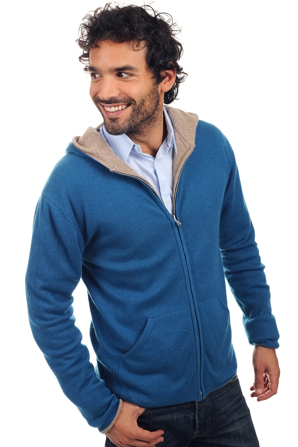 Cashmere kaschmir pullover herren zip kapuze carson leuchtendes blau naturbraun meliert 2xl