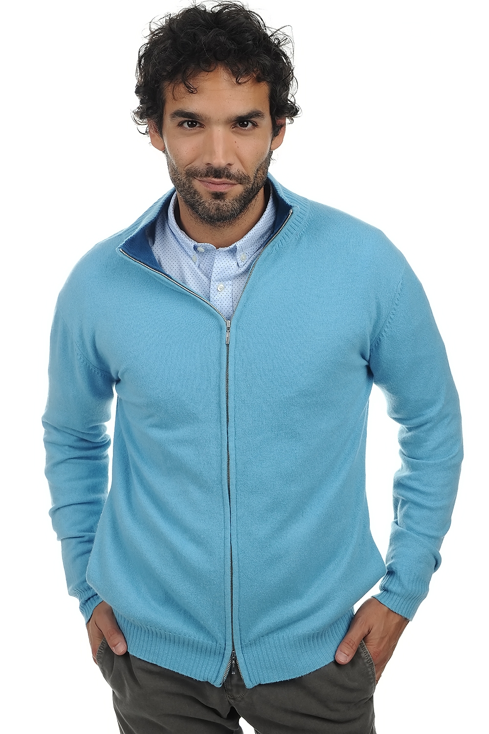 Cashmere kaschmir pullover herren zip kapuze ronald turmalin leuchtendes blau 2xl